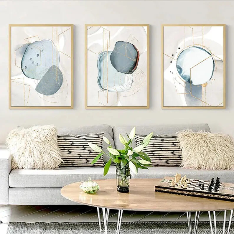 Beige Blue Gold Set of 3 Wall Art A2 Size Posters-Pixel Demon
