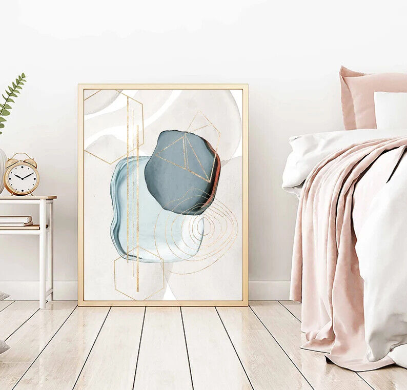 Beige Blue Gold Set of 3 Wall Art Prints A2 Posters - Pixel Demon