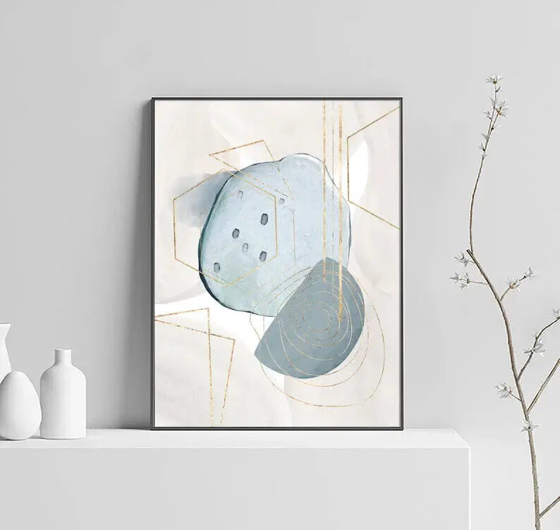 Beige Blue Gold Set of 3 Wall Art Prints A2 Posters - Pixel Demon