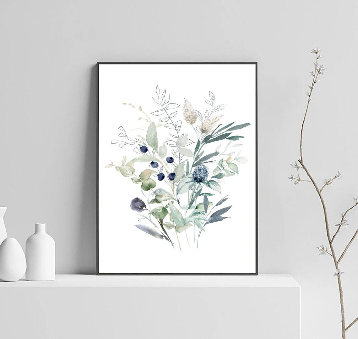 Blue Watercolor Set of 3 Floral Bouquet Wall Art A2 Posters - Pixel Demon