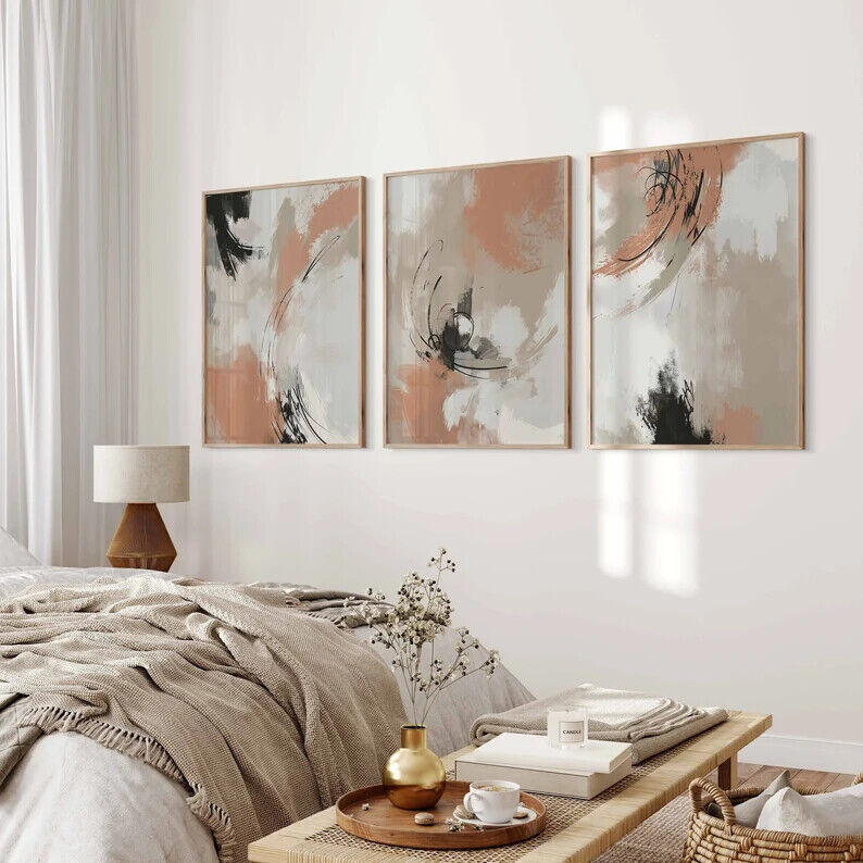 Teracotta Neutral Abstract Wall Art Set Of 3 A2 Posters - Pixel Demon