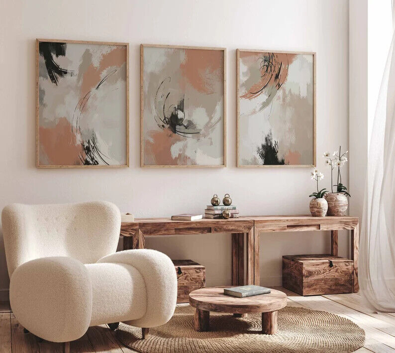 Teracotta Neutral Abstract Wall Art Set Of 3 A2 Size Posters-Pixel Demon