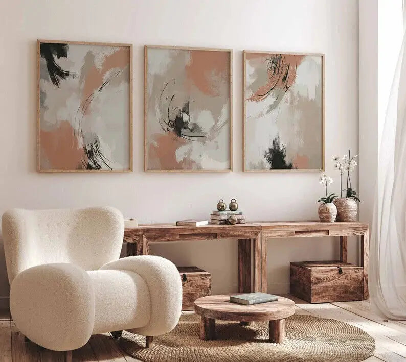 Teracotta Neutral Abstract Wall Art Set Of 3 A2 Size Posters-Pixel Demon