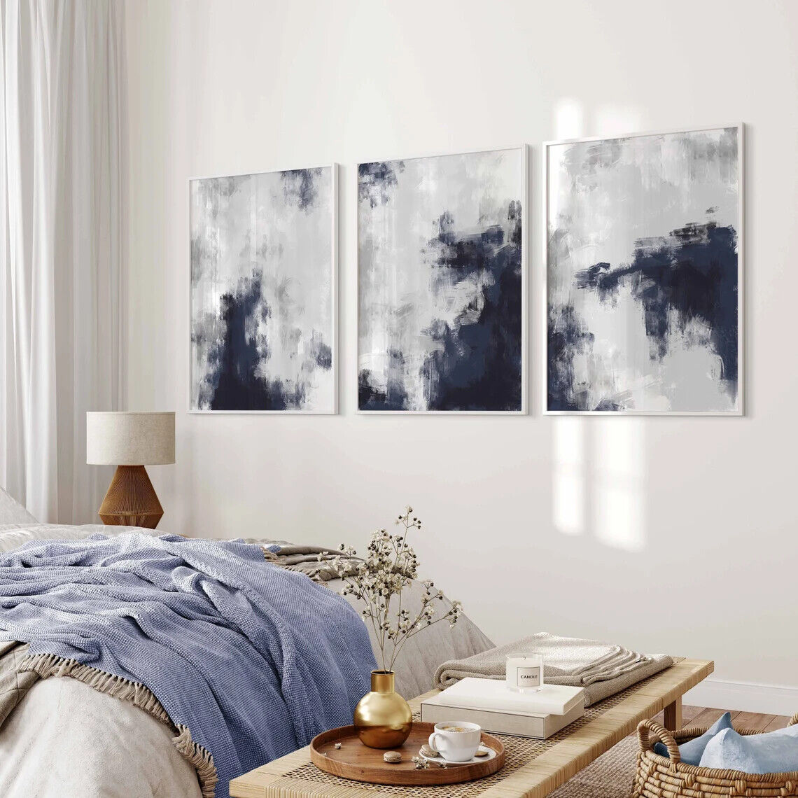 Navy Blue Neutral Abstract Wall Art Set Of 3 A2 Size Posters-Pixel Demon