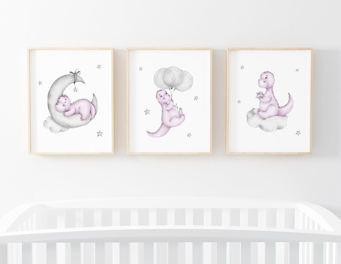 Purple Dinosaur Nursery Wall Art Set A2 Size Posters-Pixel Demon