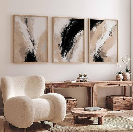 Set of 3 Black Beige Neutral Nordic Abstract A2 Size Posters-Pixel Demon