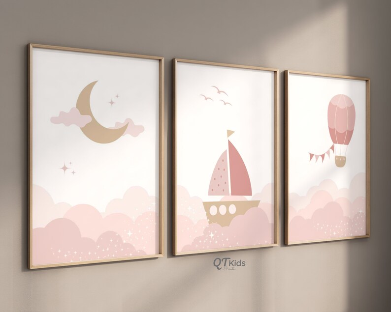 Pink Set Of 3 Moon Sailboat Balloon A2 Size Posters-Pixel Demon