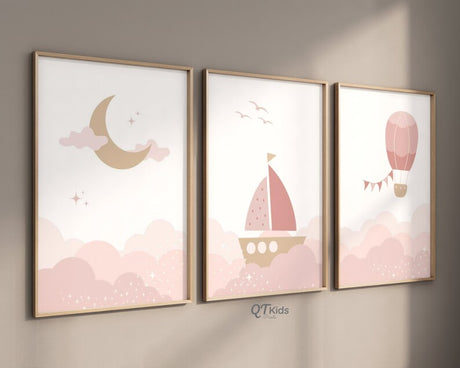 Pink Set Of 3 Moon Sailboat Balloon A2 Size Posters-Pixel Demon