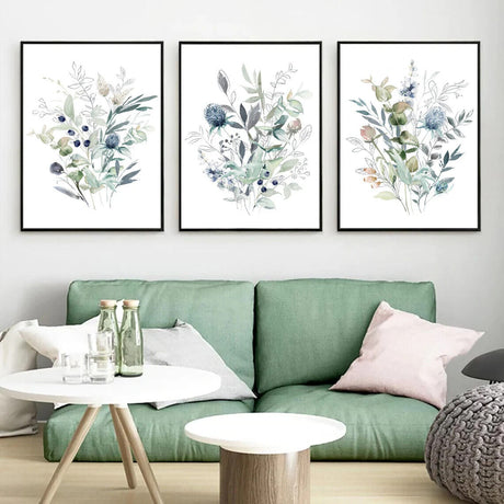 Blue Watercolor Floral Wall Art Set A2 Size Posters-Pixel Demon