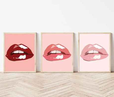 Set Of 3 Pink Lips Fashion Wall Art Blush Pink Red Lips A2 Size Posters-Pixel Demon